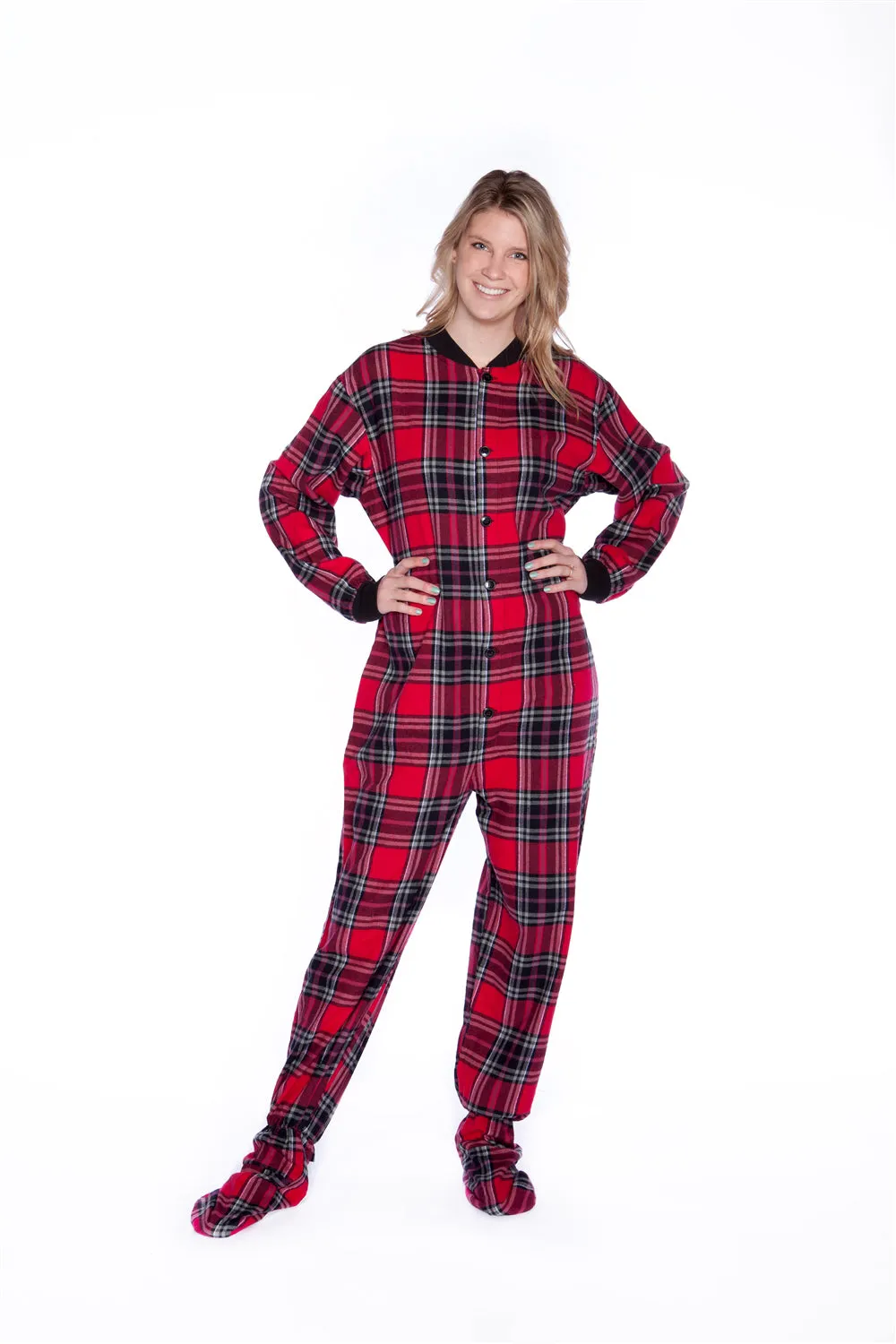 Adult Footed Onesie Pajamas Red Black Plaid Men & Women