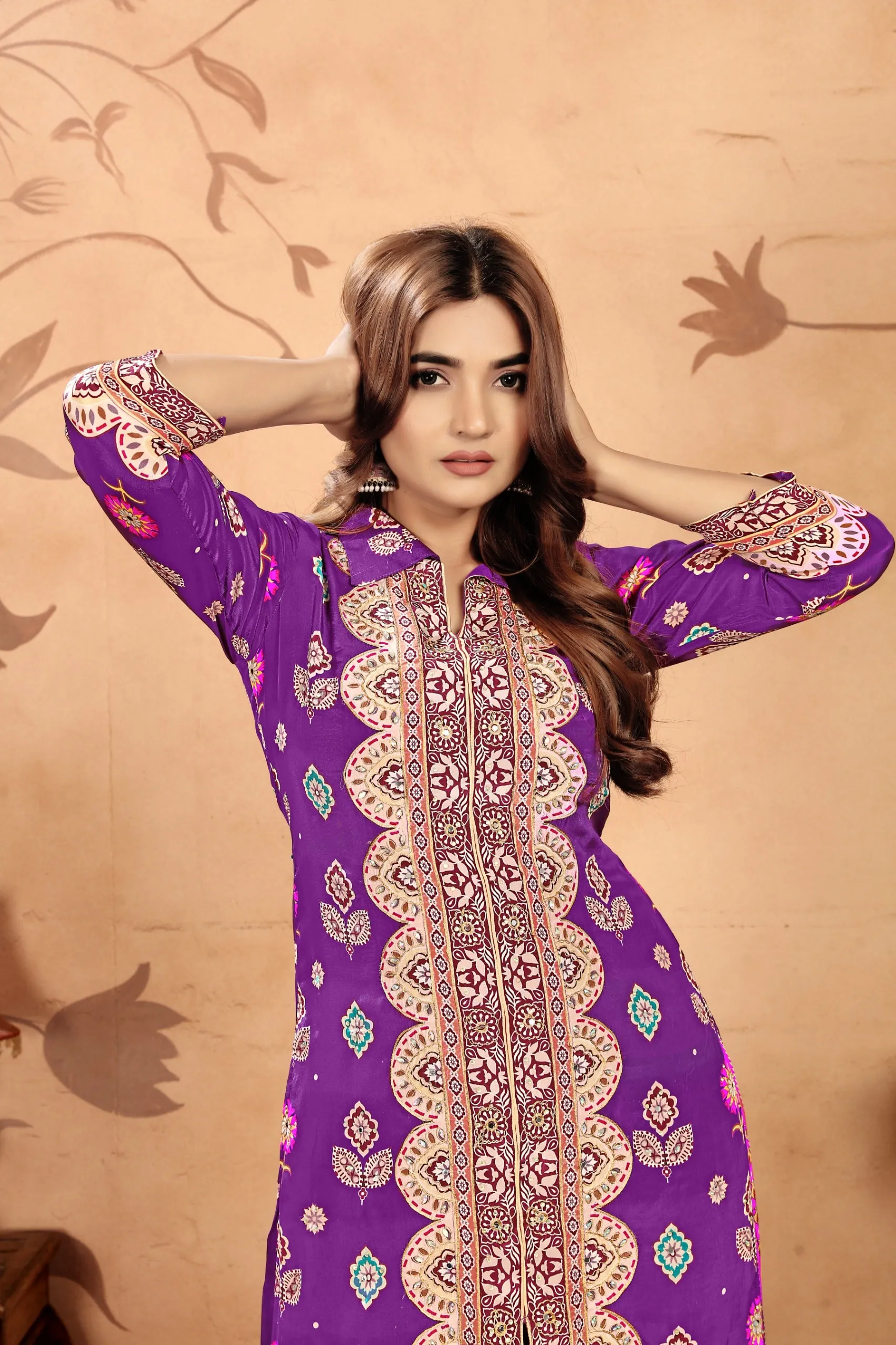 Alluring Purple Colored Printed Pure Natural Crepe Palazzo Suits For Women