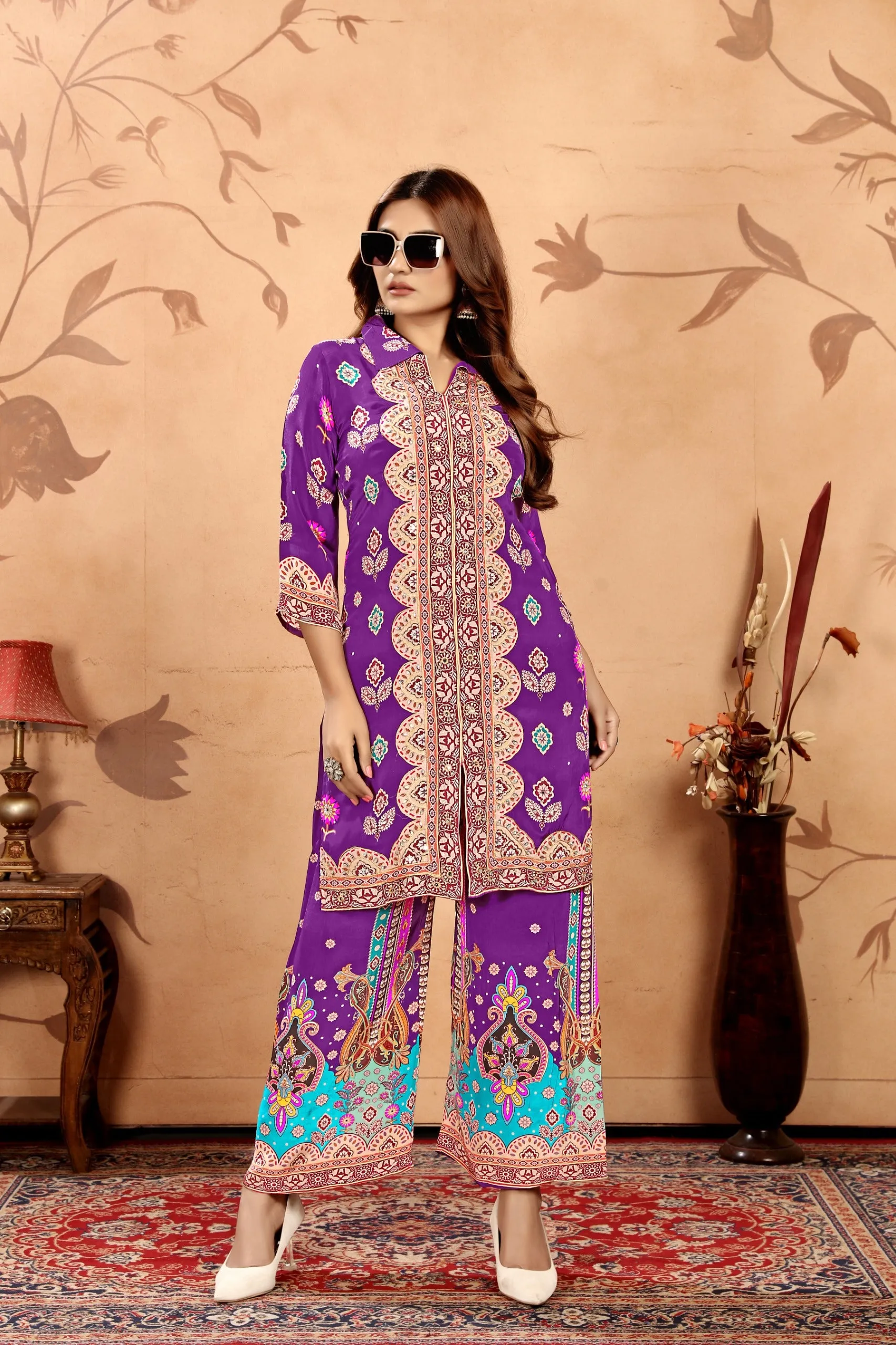 Alluring Purple Colored Printed Pure Natural Crepe Palazzo Suits For Women