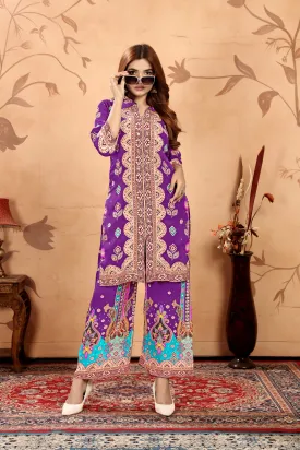 Alluring Purple Colored Printed Pure Natural Crepe Palazzo Suits For Women