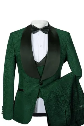 Anson Stylish Green Jacquard Shawl Lapel Three-Piece Wedding Suit