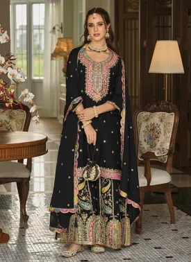 Attractive Black Colored Heavy Chinon With Embroidery Work Salwar Suits For Women