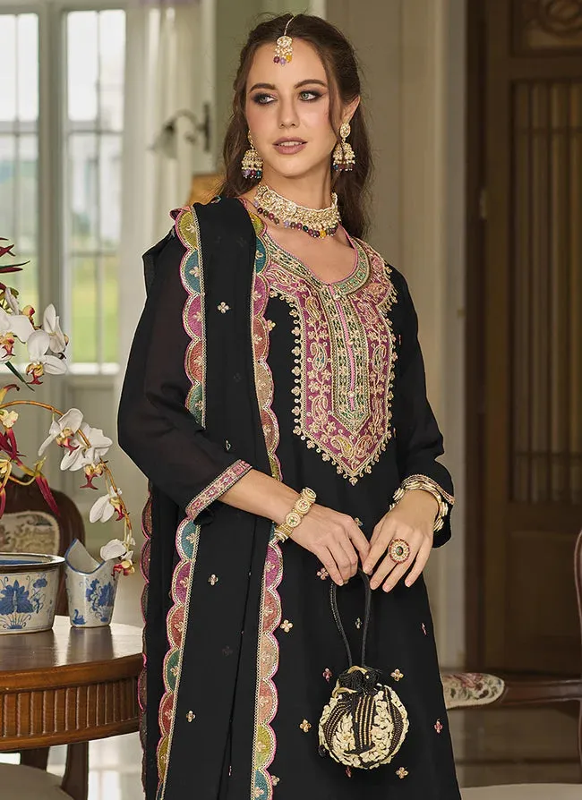 Attractive Black Colored Heavy Chinon With Embroidery Work Salwar Suits For Women