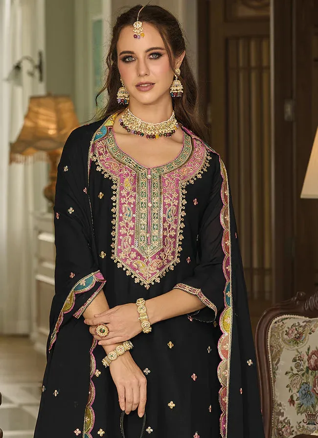 Attractive Black Colored Heavy Chinon With Embroidery Work Salwar Suits For Women