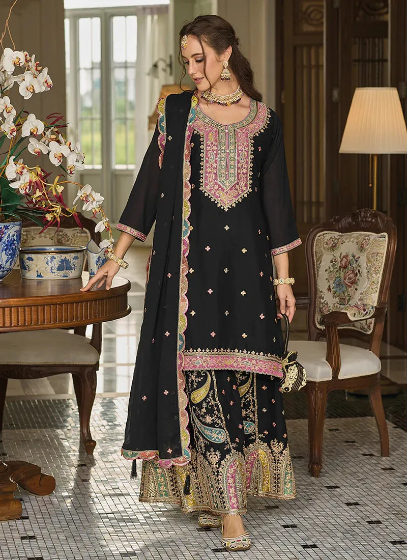 Attractive Black Colored Heavy Chinon With Embroidery Work Salwar Suits For Women