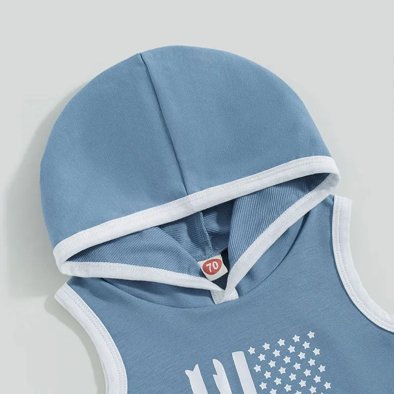 Baby Toddler Boys 2Pcs Outfit Tank Top Flag Stripe Stars Print Hooded Top and Drawstring Shorts