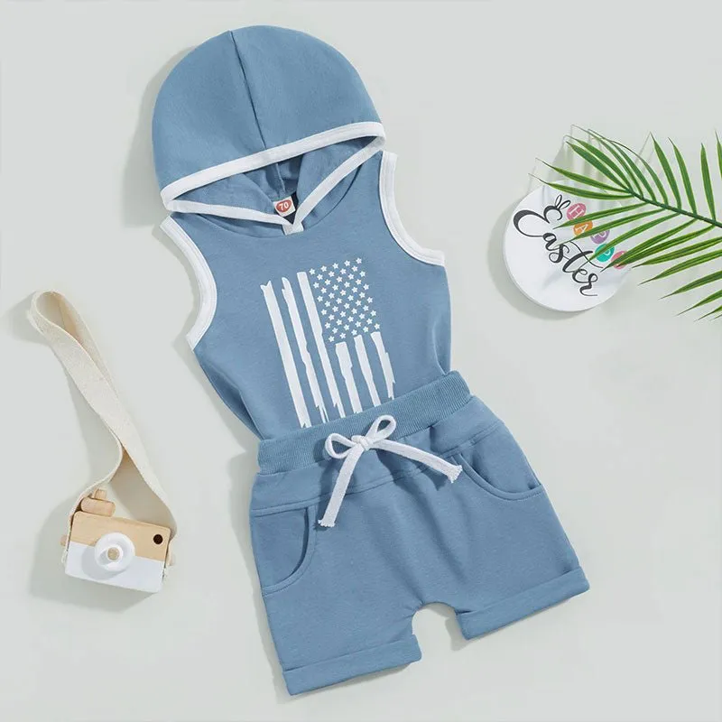 Baby Toddler Boys 2Pcs Outfit Tank Top Flag Stripe Stars Print Hooded Top and Drawstring Shorts