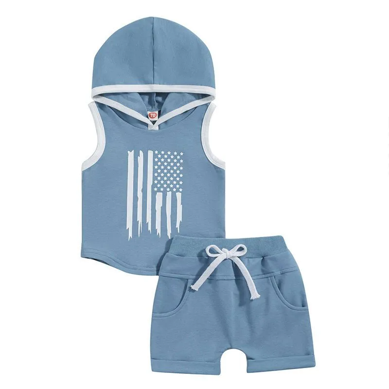 Baby Toddler Boys 2Pcs Outfit Tank Top Flag Stripe Stars Print Hooded Top and Drawstring Shorts