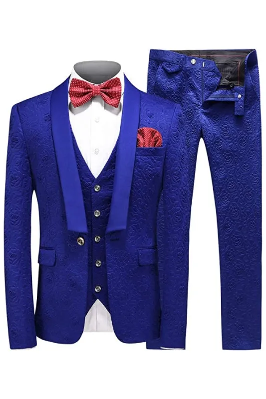 Beautiful Elegant Navy Blue Shawl Collar Three-Piece Jacquard Men's Wedding Suit