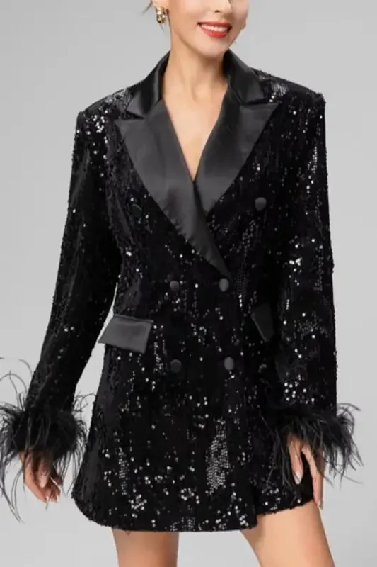 Black In Style Rhinestone Feather Detailed Blazer