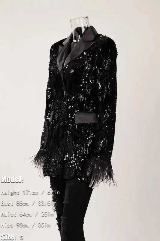 Black In Style Rhinestone Feather Detailed Blazer