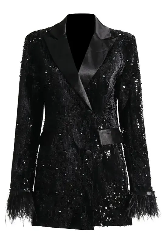 Black In Style Rhinestone Feather Detailed Blazer