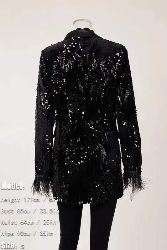 Black In Style Rhinestone Feather Detailed Blazer