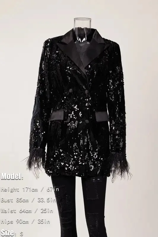 Black In Style Rhinestone Feather Detailed Blazer