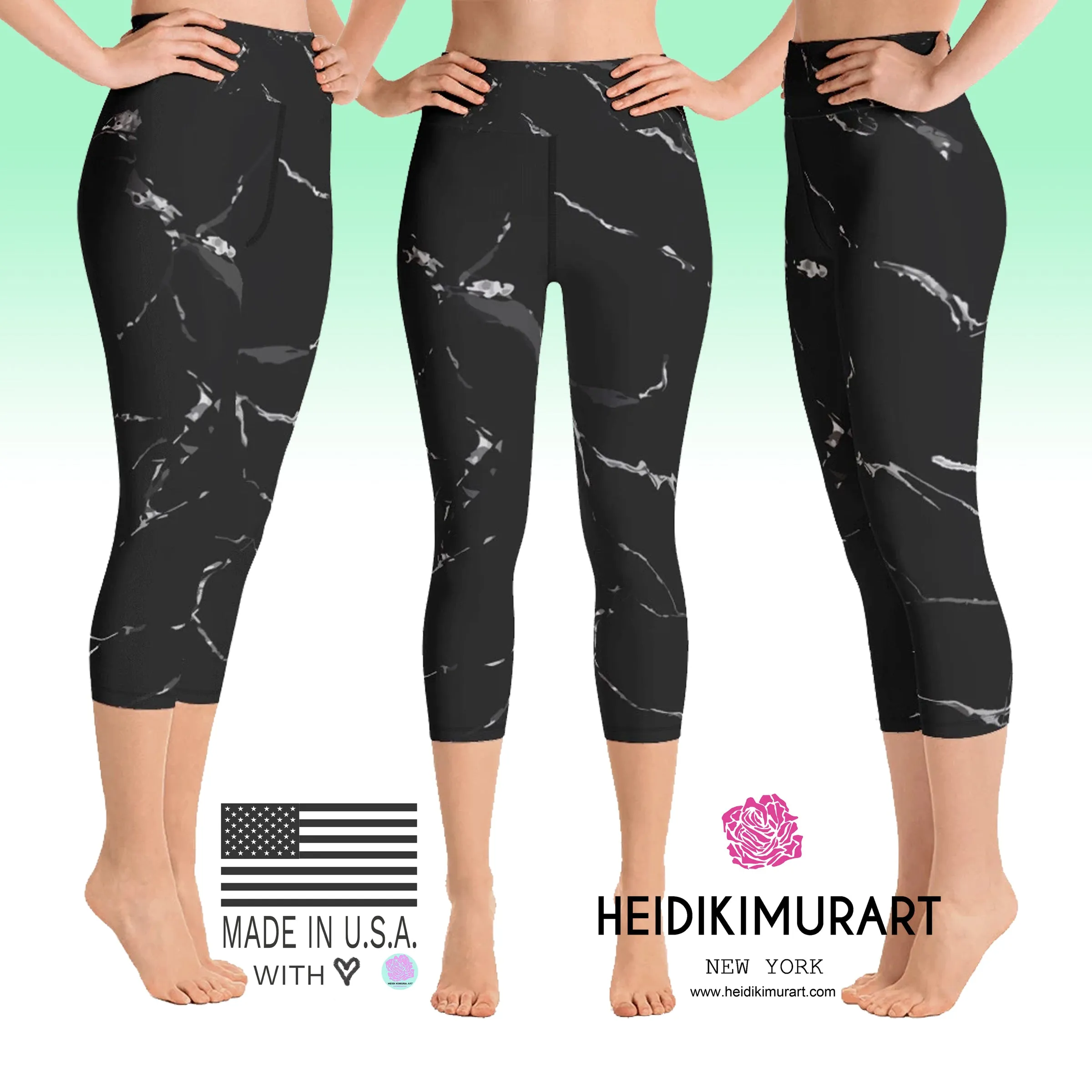 Black Marble Print Capri Leggings, Abstract Women's Yoga Stretchy Pants-Made in USA/ EU