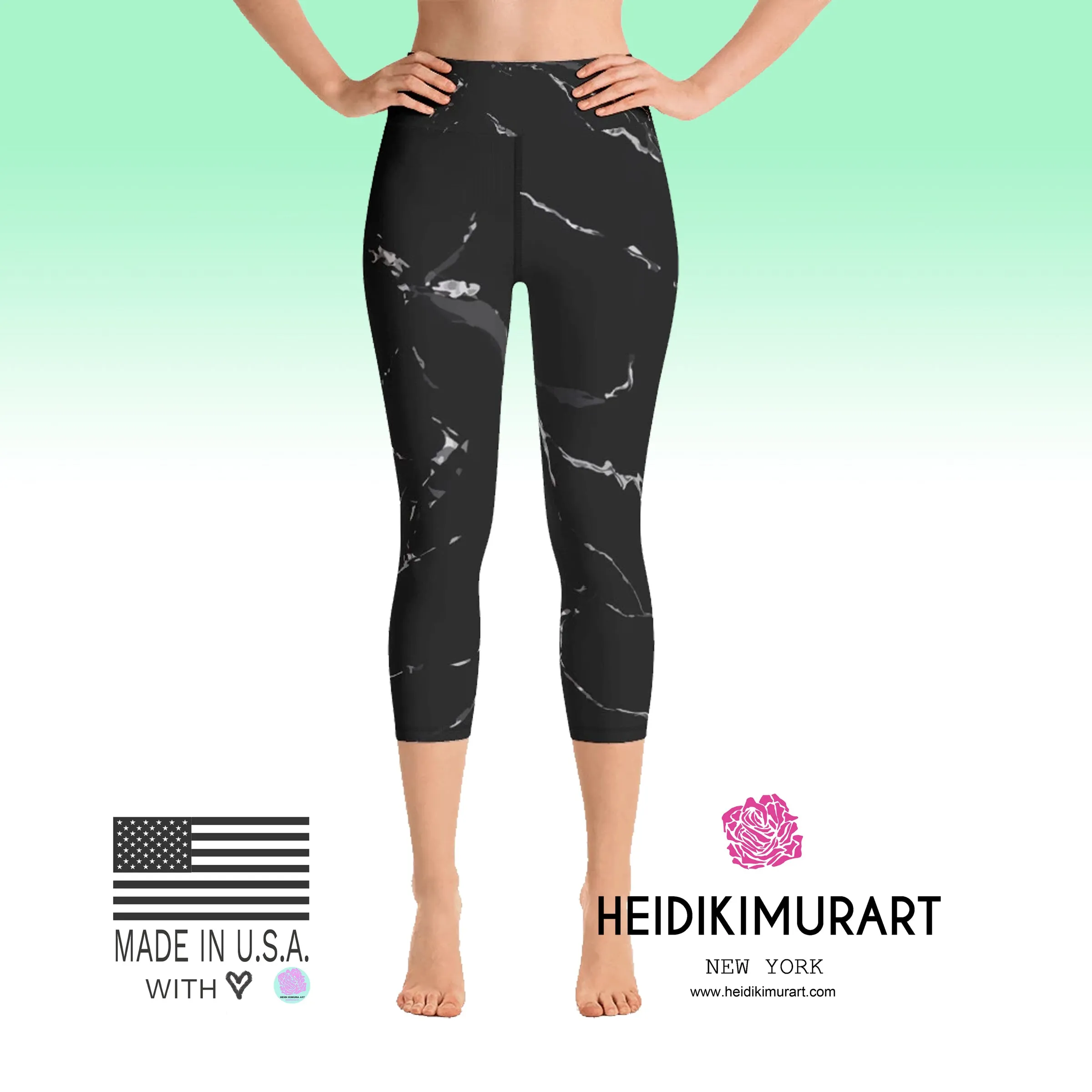 Black Marble Print Capri Leggings, Abstract Women's Yoga Stretchy Pants-Made in USA/ EU