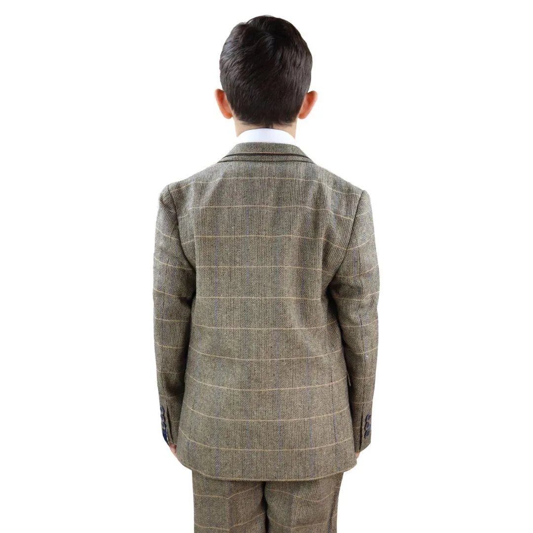 Boys 3 Piece Suit Brown Tweed Check Blinders Vintage Kids Classic 1920s