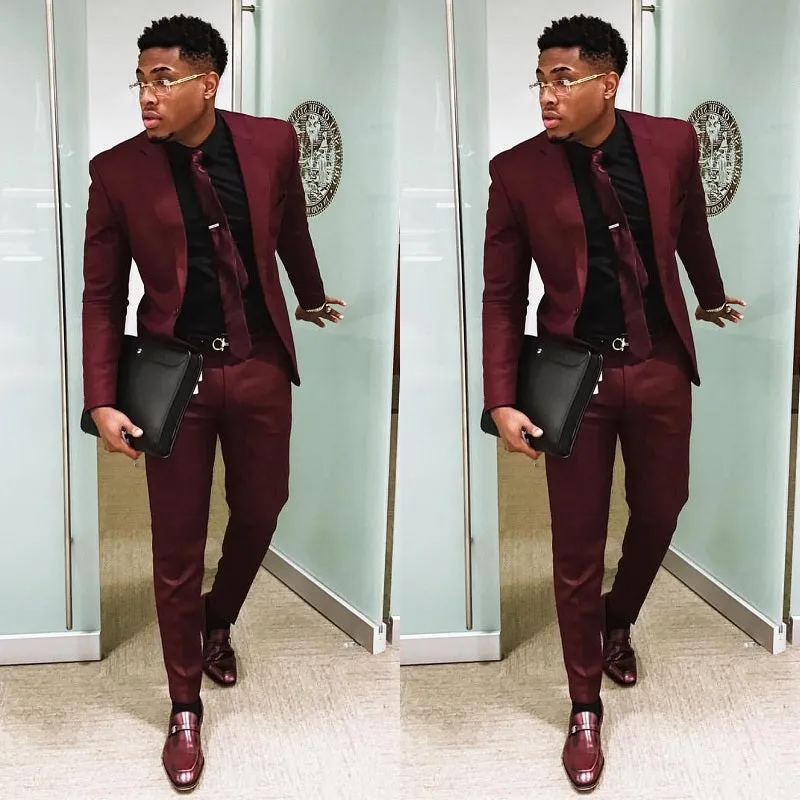 Burgundy Two Pieces Men Suits ,Slim Fit Wedding Groomsmen Blazer, One Button Formal Prom Business Suit (Jacket  Pants) CB10422