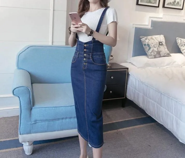 Button Tea Length Pencil Denim Skirts With Straps