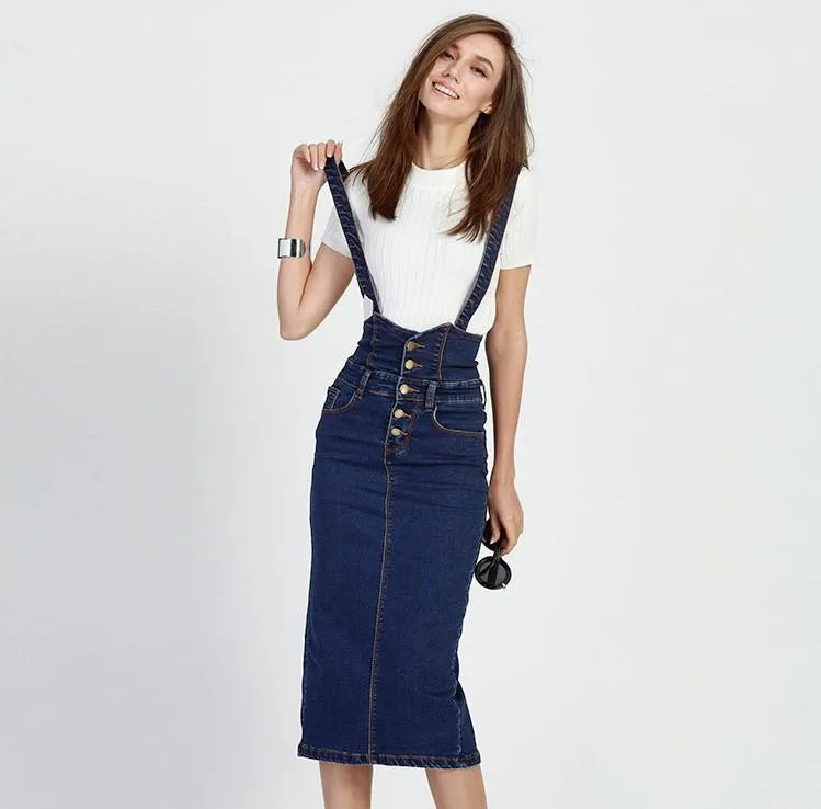 Button Tea Length Pencil Denim Skirts With Straps