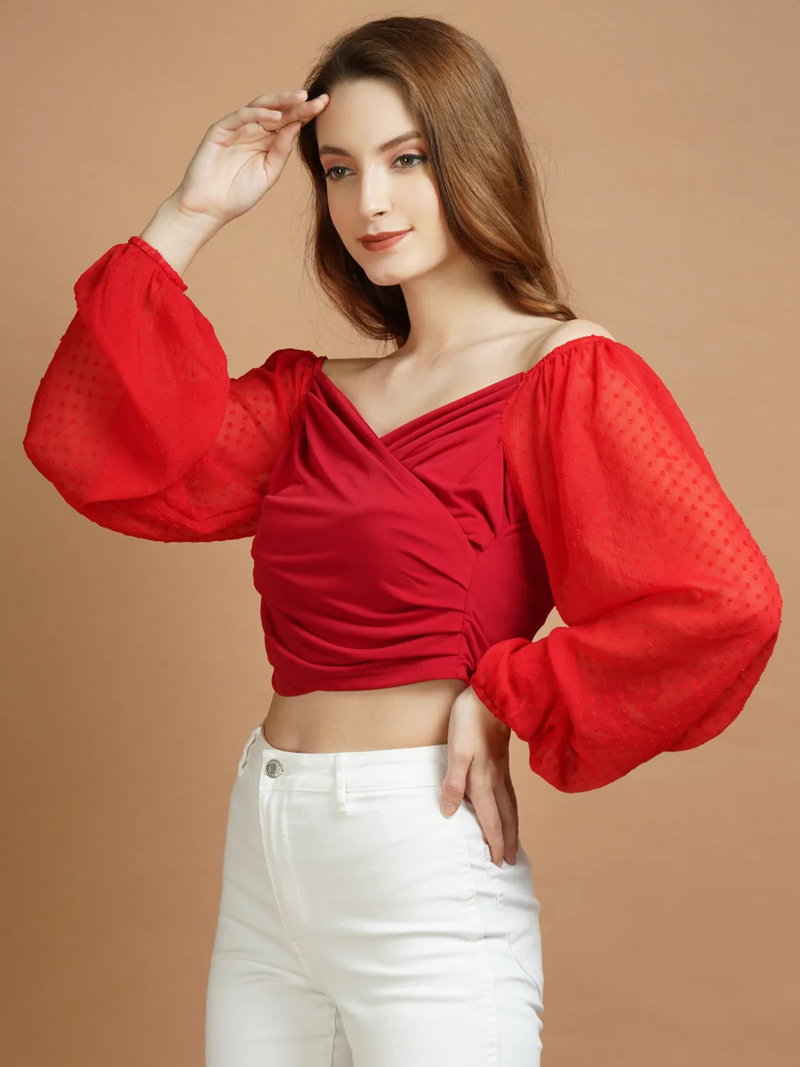 Casual Overlapped Red Lycra Top