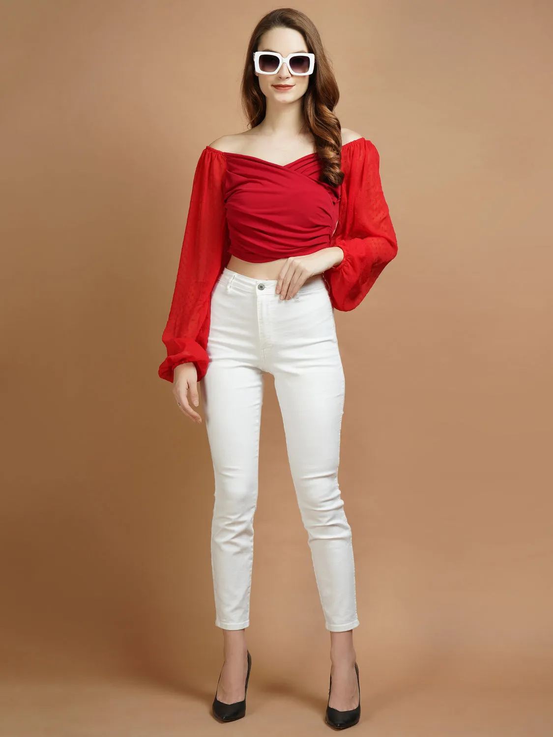 Casual Overlapped Red Lycra Top