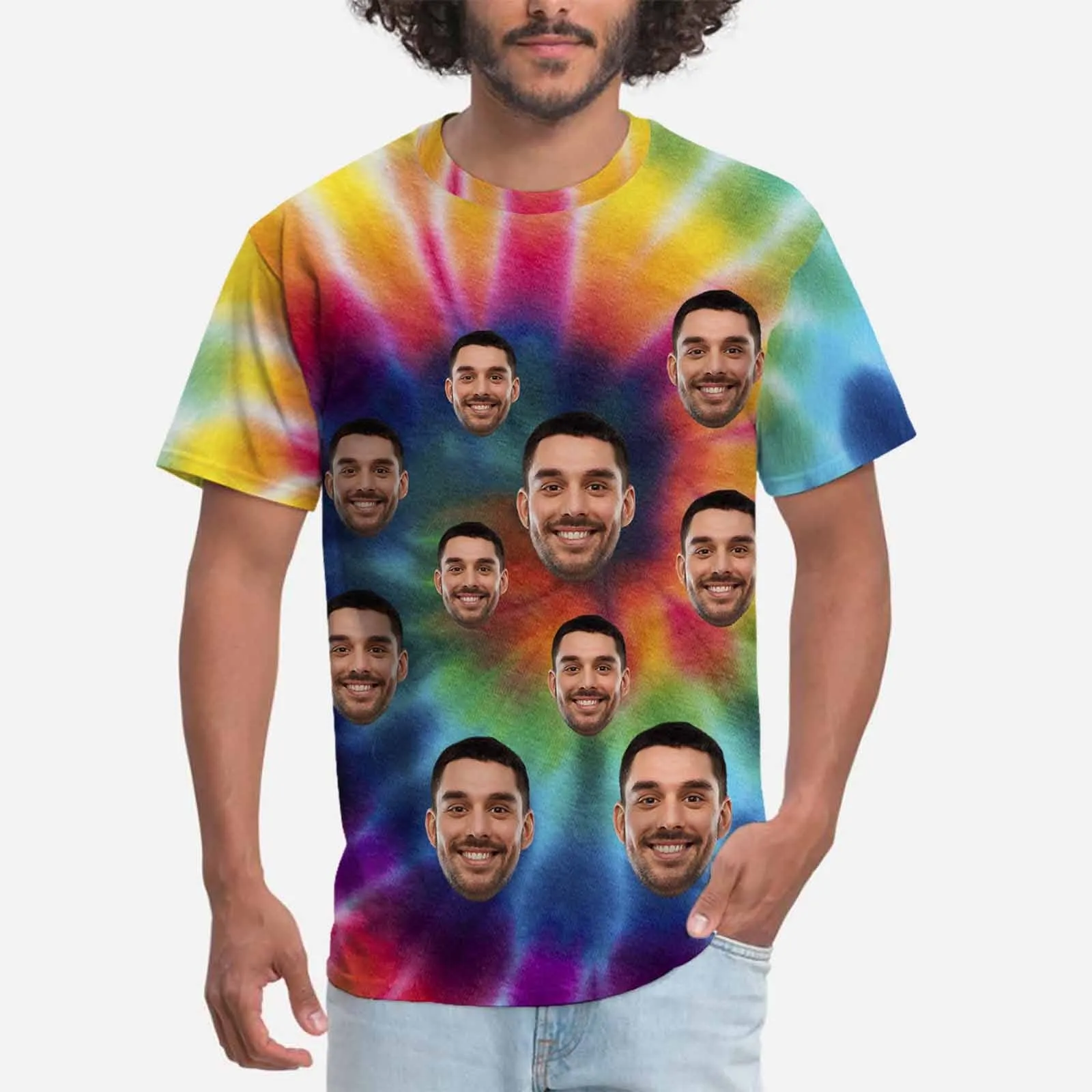 Custom Face Colorful Tee Tie-dye Personalized Men's All Over Print T-shirts with Photo