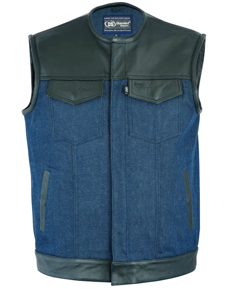 DM933 Men's Leather/Denim Combo Vest (Black/Broken Blue)