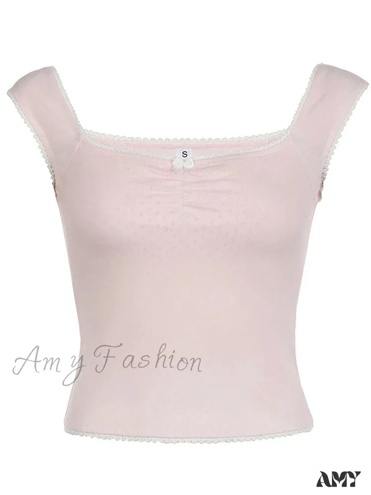 Frills Bow Square Collar Cute Y2K Solid Sleeveless Basic Knit Sweet Crop Top