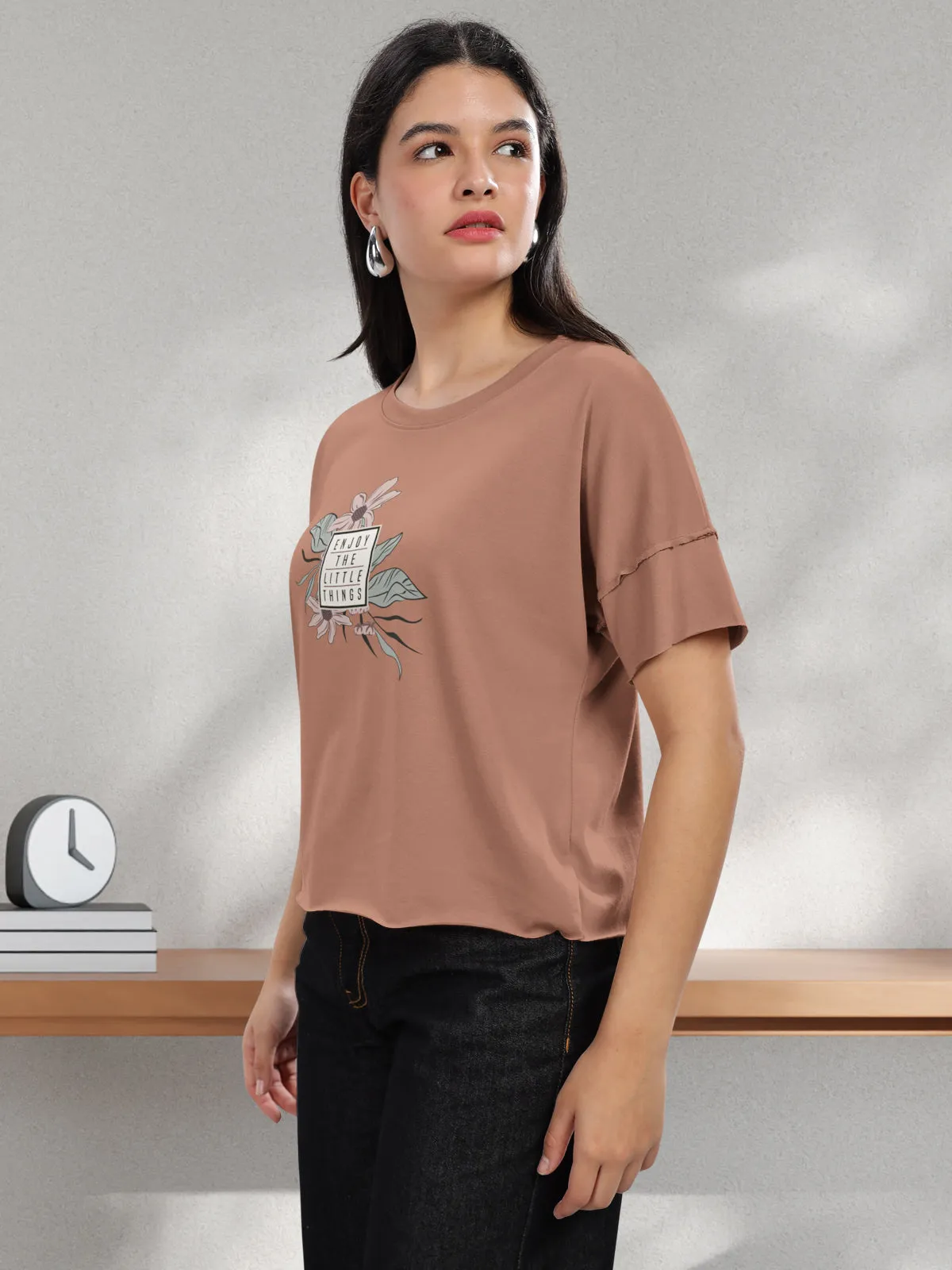 HELLCAT Brown Printed Regular Fit Raw Edge Crew Neck Crop T-Shirt for Women