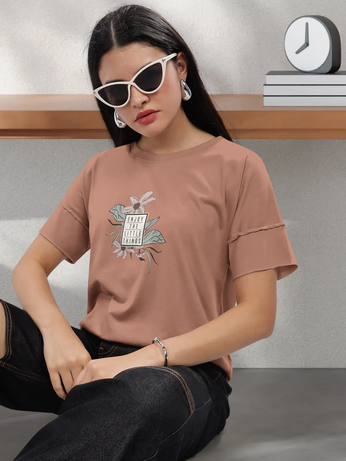 HELLCAT Brown Printed Regular Fit Raw Edge Crew Neck Crop T-Shirt for Women