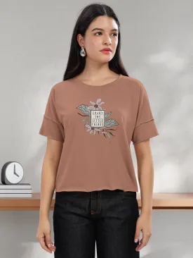 HELLCAT Brown Printed Regular Fit Raw Edge Crew Neck Crop T-Shirt for Women