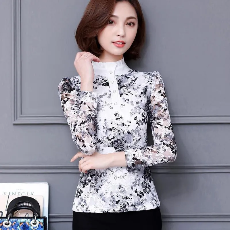 High Neck Slim Printed Shirt Lace Tops