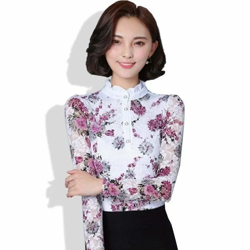 High Neck Slim Printed Shirt Lace Tops