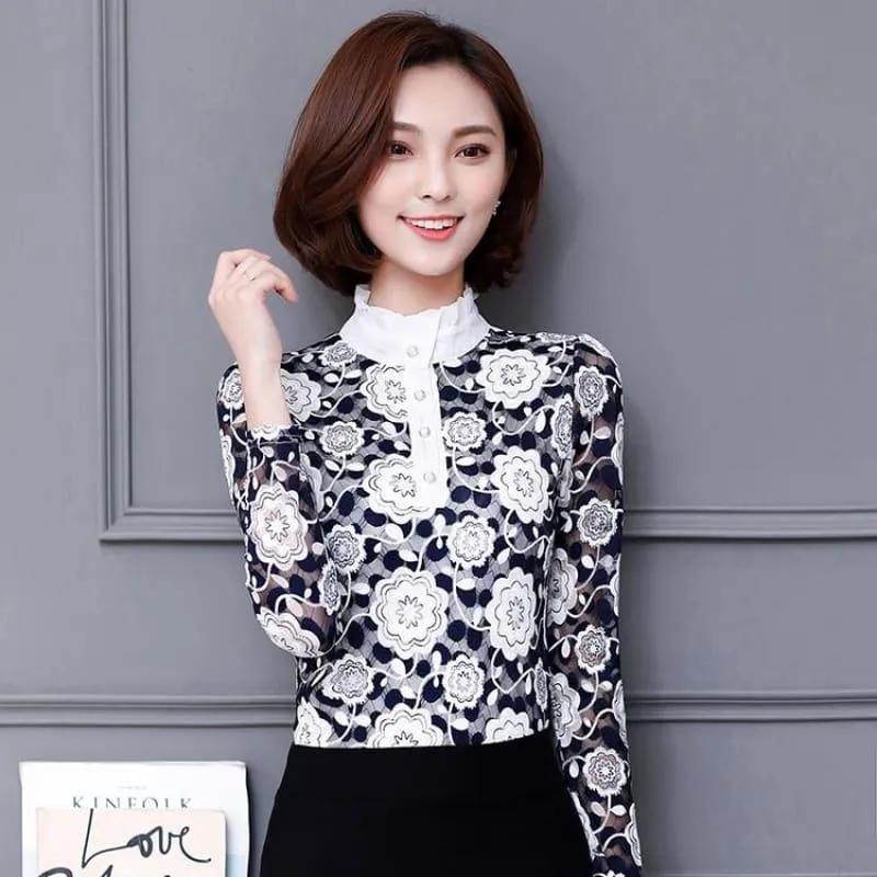 High Neck Slim Printed Shirt Lace Tops