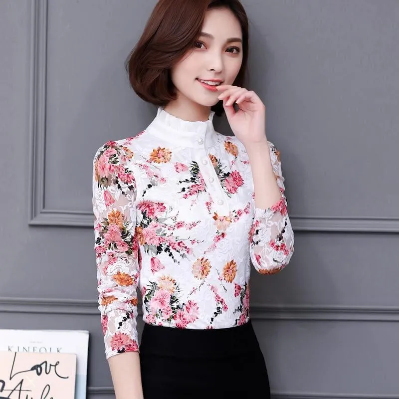 High Neck Slim Printed Shirt Lace Tops