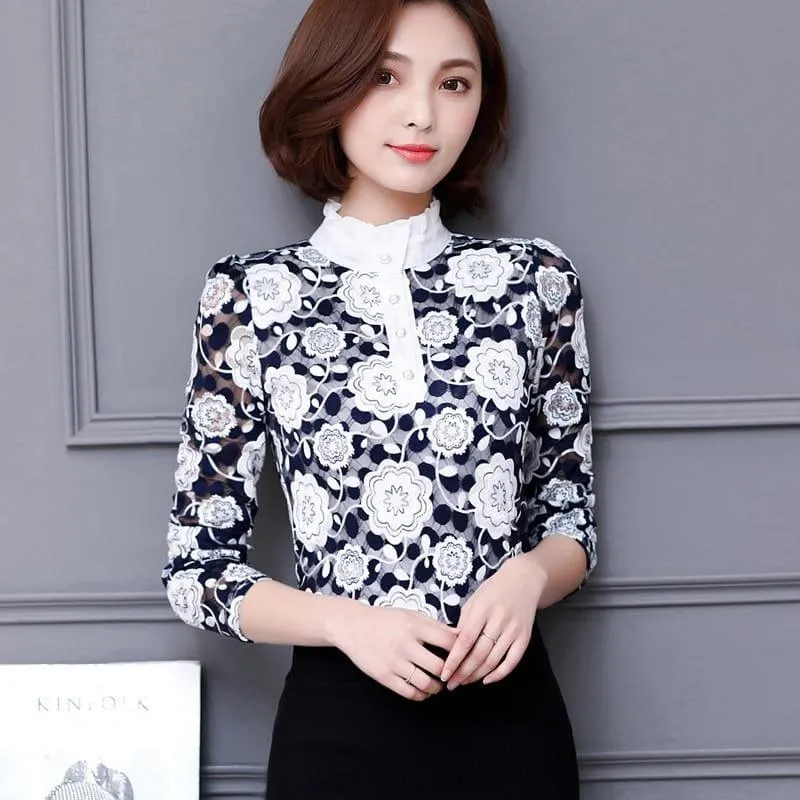 High Neck Slim Printed Shirt Lace Tops