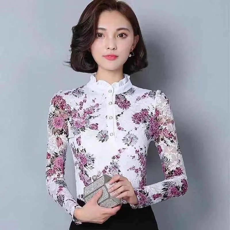 High Neck Slim Printed Shirt Lace Tops