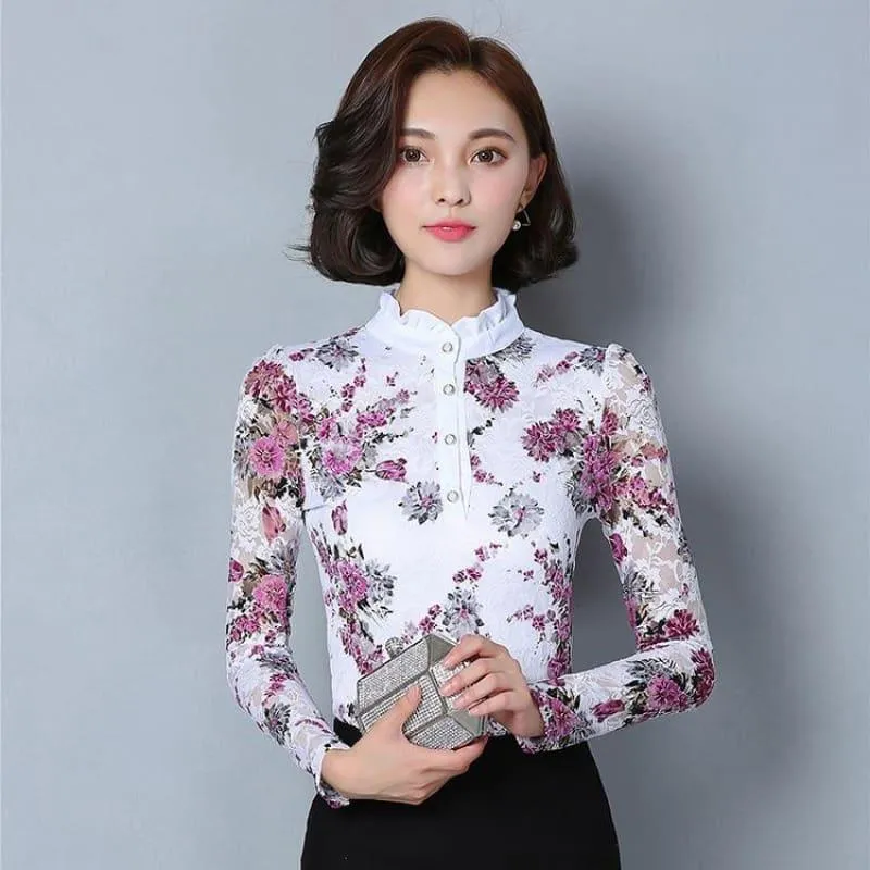 High Neck Slim Printed Shirt Lace Tops