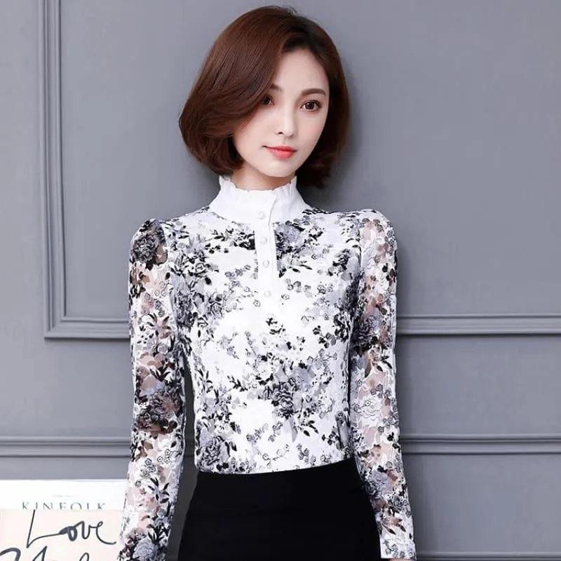 High Neck Slim Printed Shirt Lace Tops