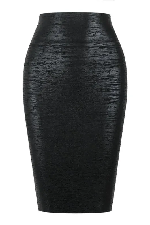 High Waist Leather Pencil Skirt Midi Length - Metallic Black