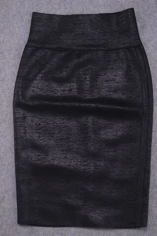 High Waist Leather Pencil Skirt Midi Length - Metallic Black