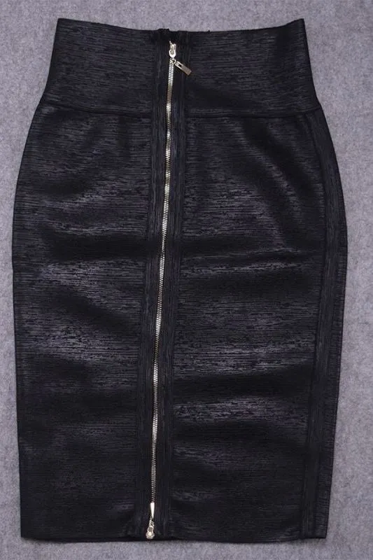 High Waist Leather Pencil Skirt Midi Length - Metallic Black