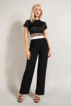 High Waisted Twill Trousers w/ Waist Contrast BLK/WHT