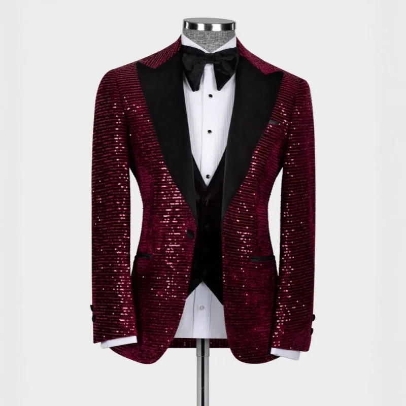 Hobart Generous Burgundy Peaked Lapel Three-Piece Sequin Prom Suit