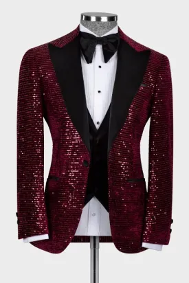 Hobart Generous Burgundy Peaked Lapel Three-Piece Sequin Prom Suit