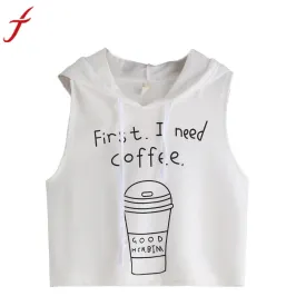 Hot Sale Fashion Women Ladies Sexy Coffee Letters Printing Hooded Crop Sleeveless Tops #LSIN