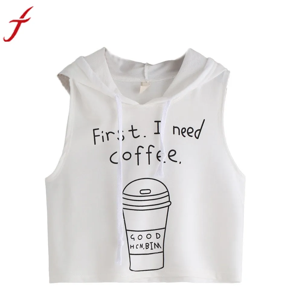 Hot Sale Fashion Women Ladies Sexy Coffee Letters Printing Hooded Crop Sleeveless Tops #LSIN