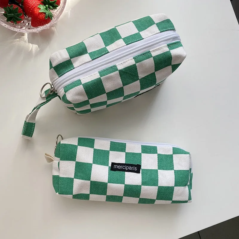 Korean Fashion Plaid Travel Makeup Kits Cosmetic Storage Bag Pencil Cases Pouch Bags