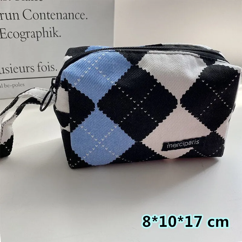 Korean Fashion Plaid Travel Makeup Kits Cosmetic Storage Bag Pencil Cases Pouch Bags